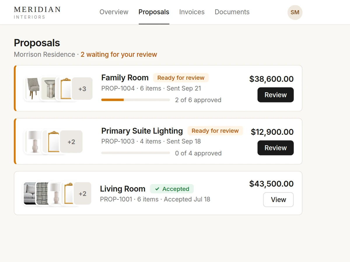 Client portal listing proposals: Family Room and Primary Suite Lighting ready for review, Living Room accepted