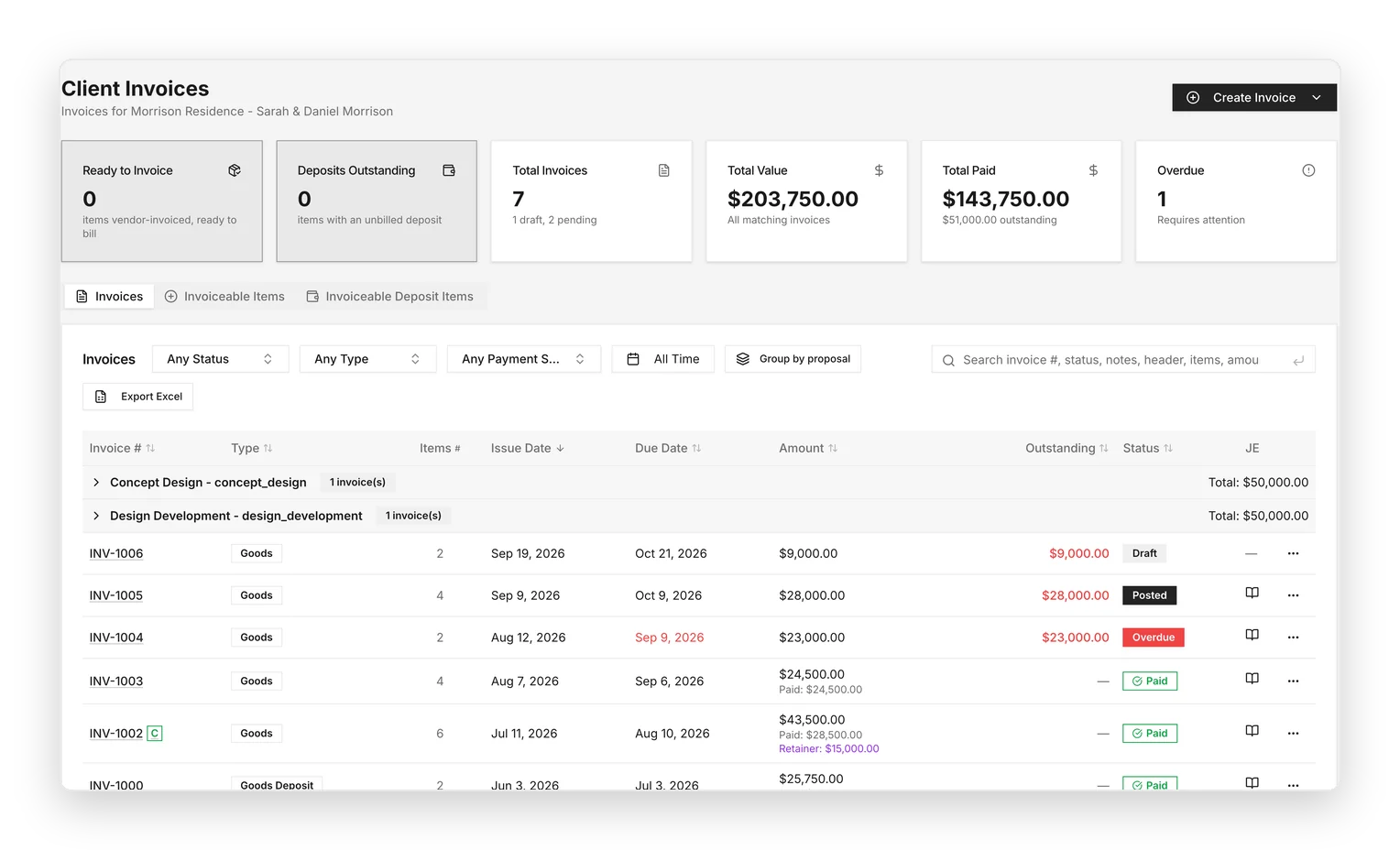 Client invoices for the Morrison Residence with amounts, outstanding balances and status